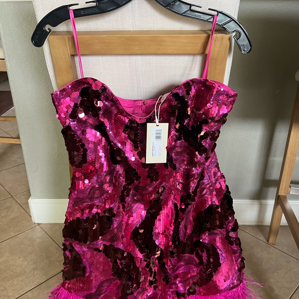 Ramy Brook Pink Sequin and Feather Strapless Dress